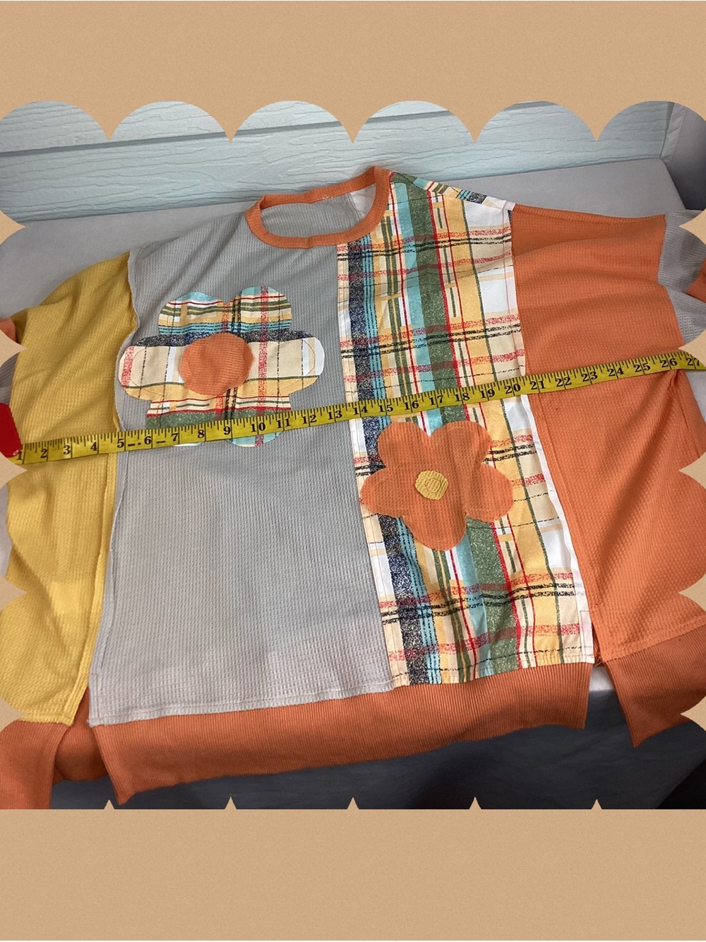 Patchwork Plaid Floral Appliqué Pullover - Sage, Mustard & Rust oversized top.33 - Picture 3 of 7